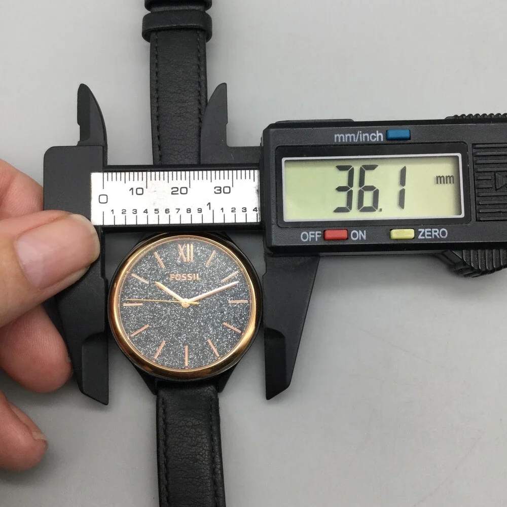 Fossil Womens Watch 36mm Gray Glitter Dial Black Leather BQ3117 New Battery